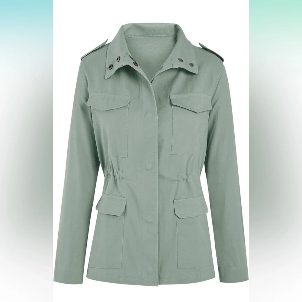 Women’s Military Jacket Zip Up Snap Button with Pockets - Picture 3 of 5